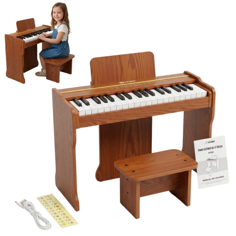 Teclado de piano infantil VEDO, piano digital infantil de 37 teclas, brinquedo musical educativo, piano de madeira,