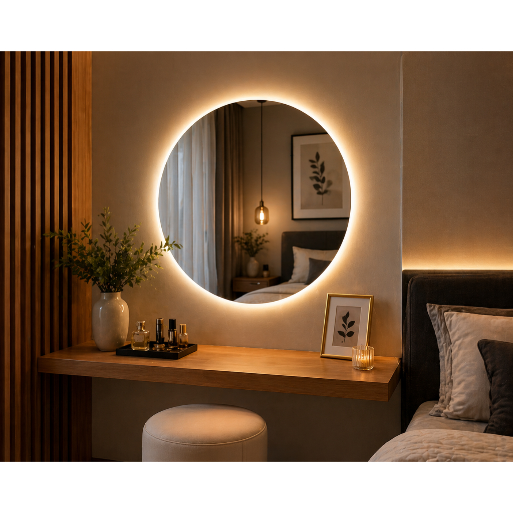 Espelho Redondo 60cm com LED e Fonte Lapidado Decorativo Para Banheiro Sala Quarto
