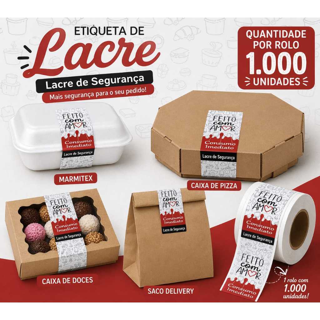 Etiquetas ( Feito com Amor ) Lacres de Segurança Adesivo com picote para Delivery 3,5x10 cm