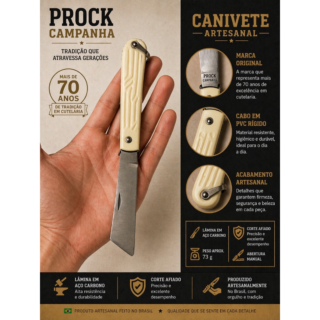 Canivete Artesanal Prock Campanha Original +70 Anos | Aço Carbono | Cabo PVC Rígido | Alta Durabilidade