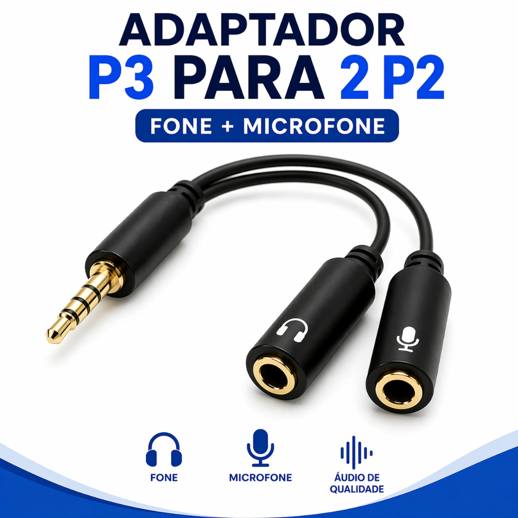 KIT 01 A 10 Plug Adaptador divisor, Para fone e Microfone  Áudio Cabo Pc P2 e P3
