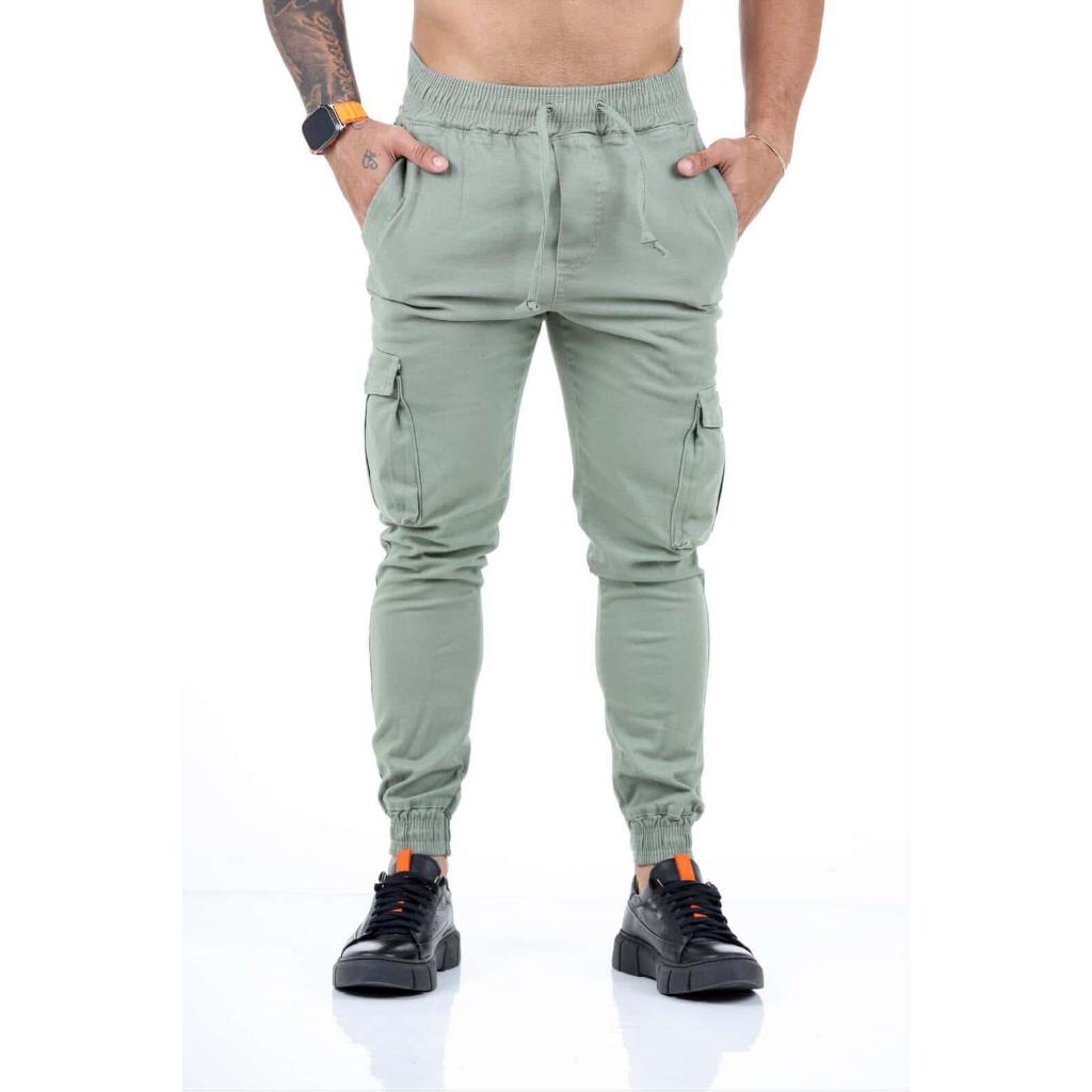 Calça cargo jogger masculino sarja e jeans cor verde gelo com elástico pronta entrega top