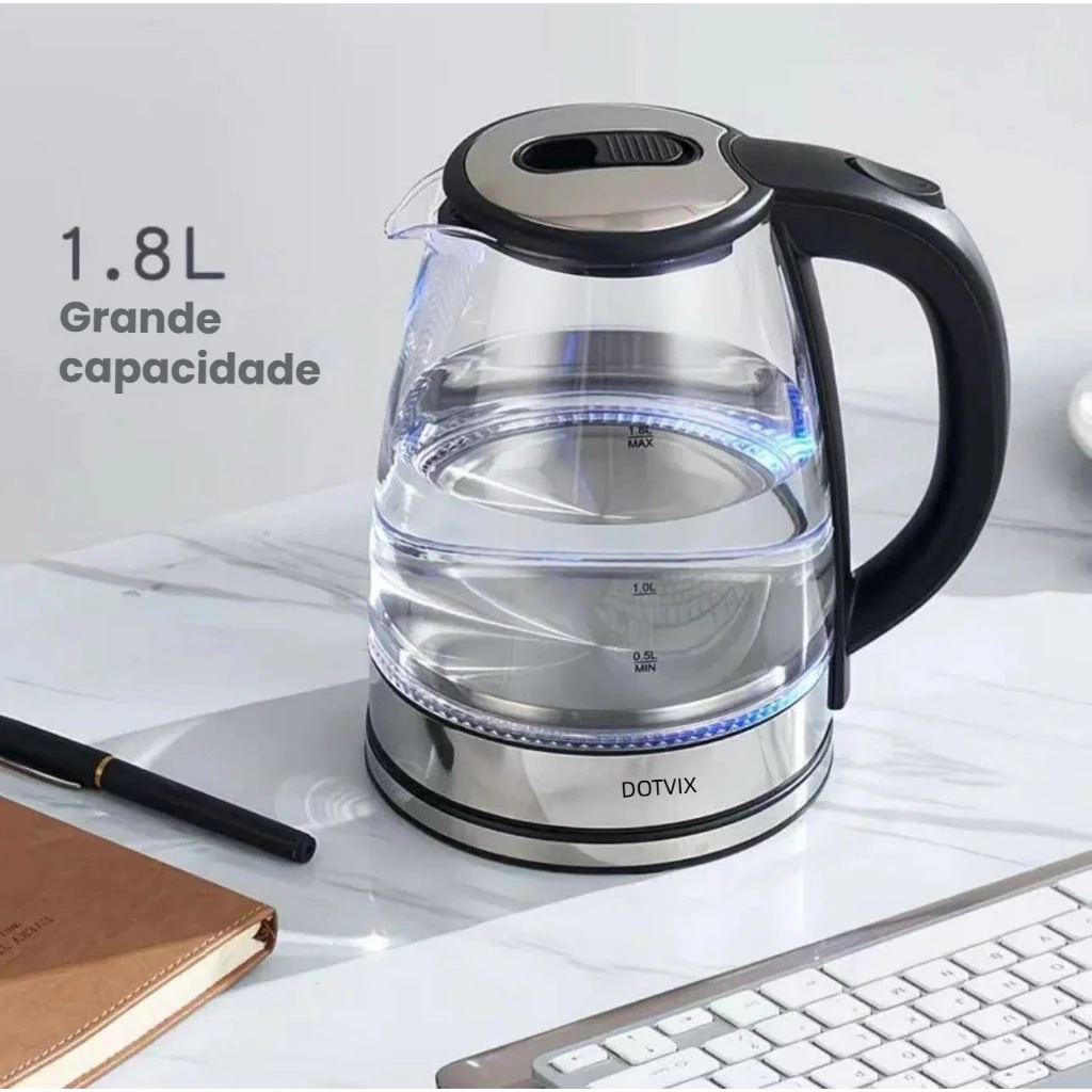 Chaleira Elétrica Inox e Vidro 1,8L Ferve Rápido Desligamento Automático 110V/220V Segura Moderna