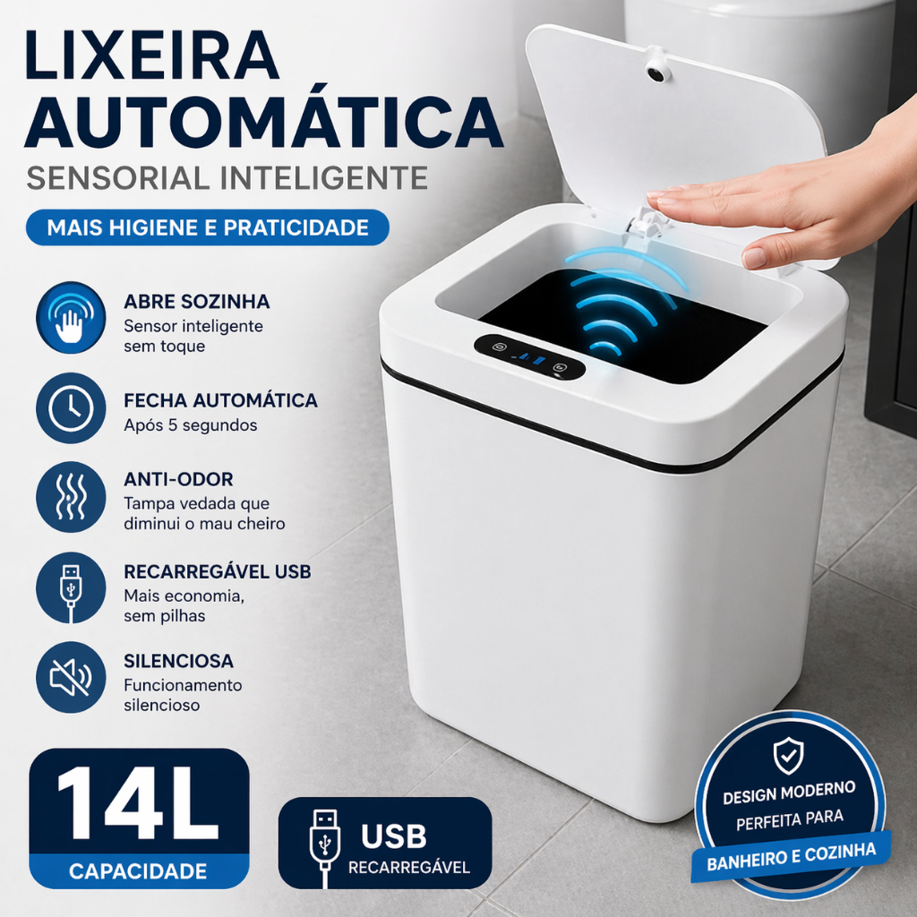 Lixeira Automática 14L Sensor Inteligente USB Anti Odor Sem Toque Banheiro Cozinha