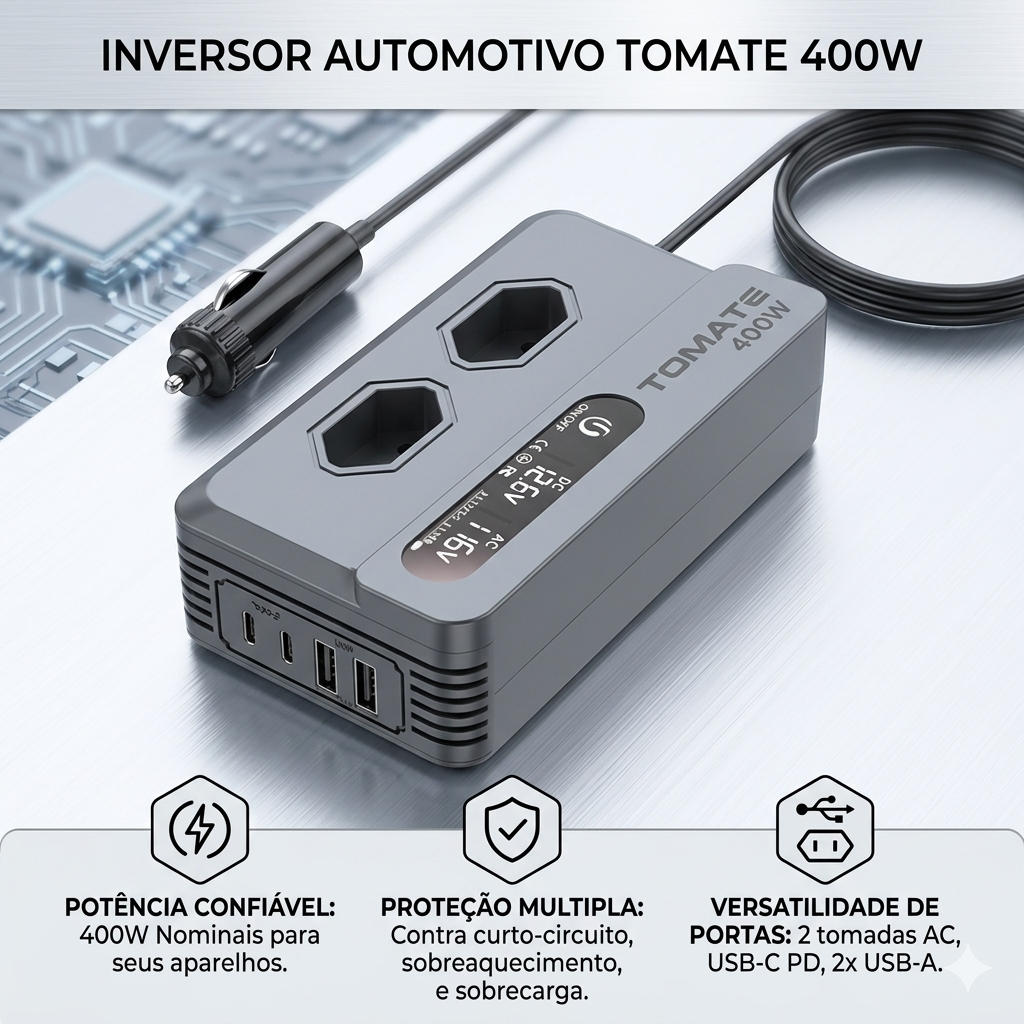 Inversor Automotivo Tomate MIN-6 400W 12V → 110V | 4 USB + Tipo-C + Display Digital