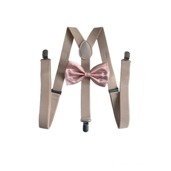 9 Kits Suspensório Bege + Gravata Borboleta Rosê
