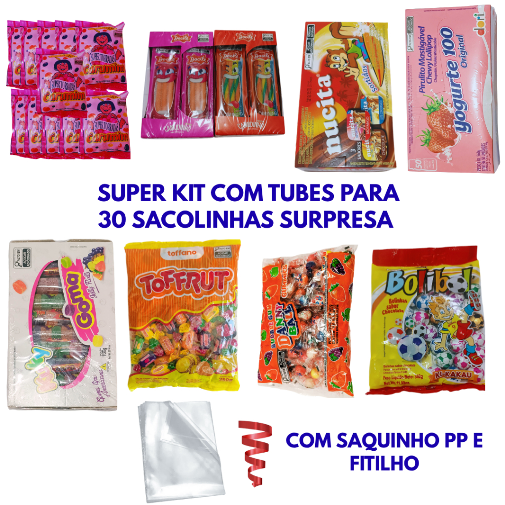 Kit Guloseimas 30 Sacolinhas Surpresa Festa Aniversario  Bala Pipoca Pirulito Chiclete Chocolate
