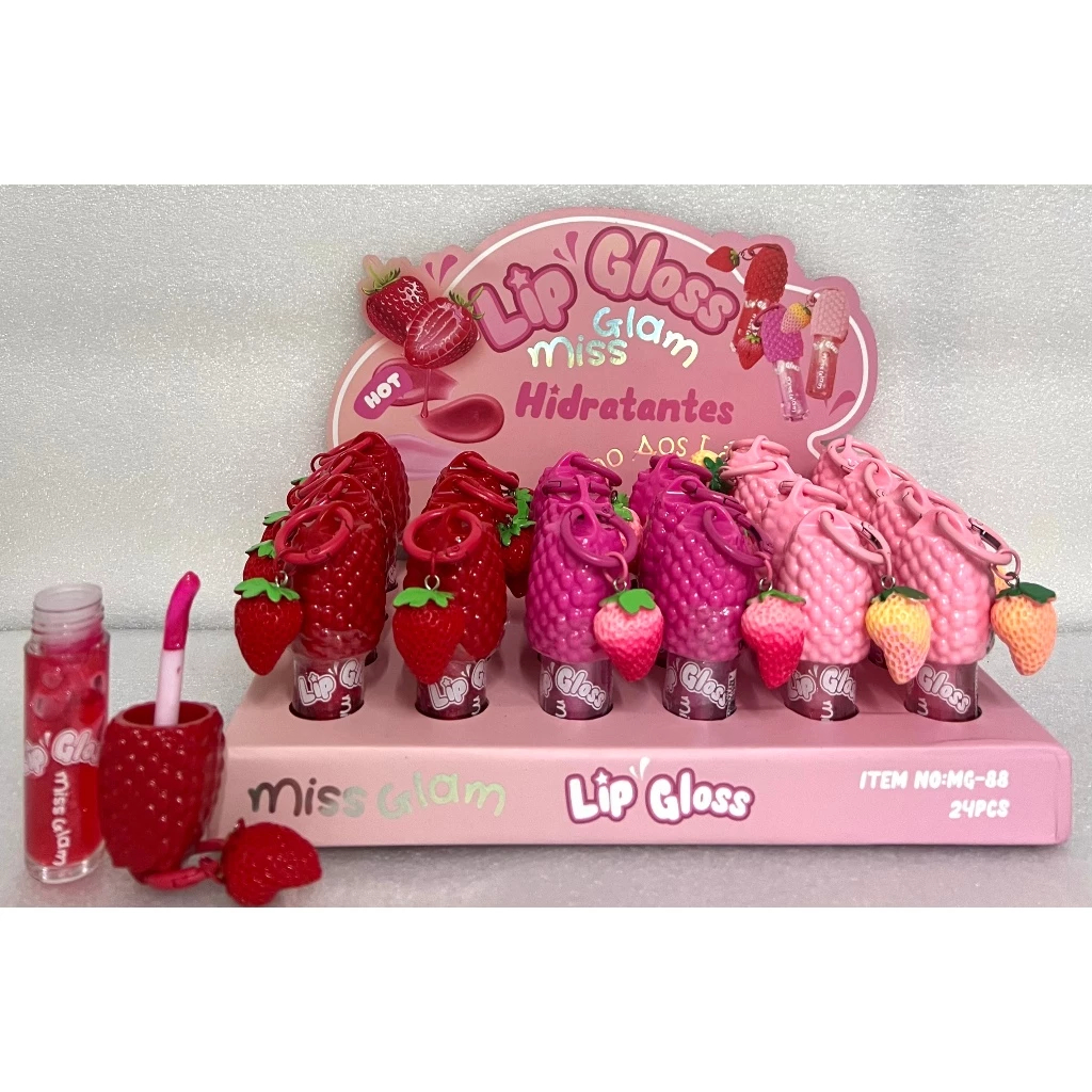 Kit 24 Lip Gloss Morango 🍓 | 3 Cores + Efeito pH Mágico | Com/Sem Pingente | Hidratante Brilho Gloss