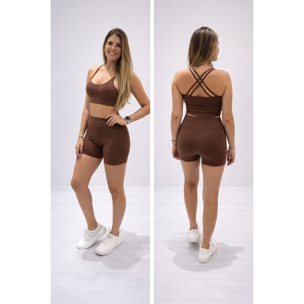 Conjunto Fitness Feminino Marrom – Top + Short Cintura Alta, Modelador e Confortável