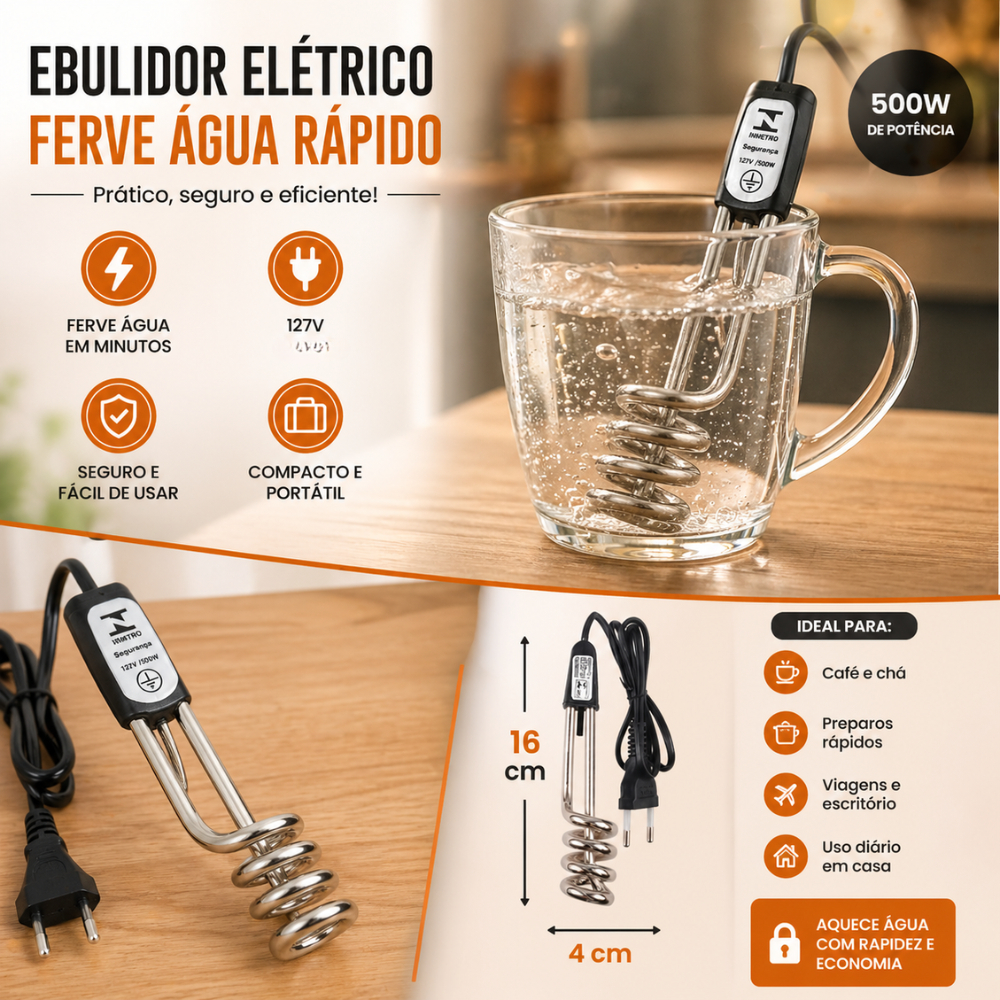 Ebulidor Eletrico Rabo Quente Rápido Aquecedor Agua 500w Potente 127v 220v Rápido Pratico