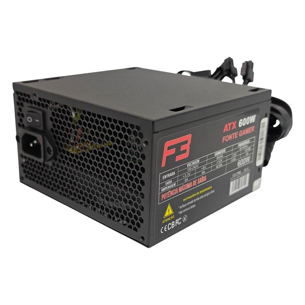 Fonte Gamer 600W ATX F3 FT8-600 80 Plus Bronze Bivolt Automático Com Cabo Para PC