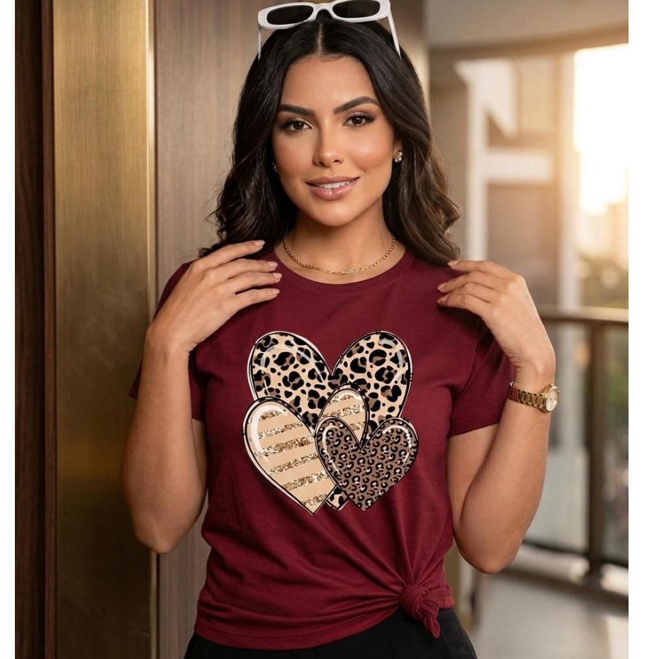 Camiseta Feminina Blusinha Coração Florida 100% Algodão Tendencia Roupa Mulher Linha Premium