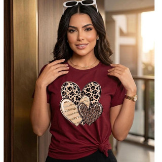 Camiseta Feminina Blusinha Coração Florida 100% Algodão Tendencia Roupa Mulher Linha Premium