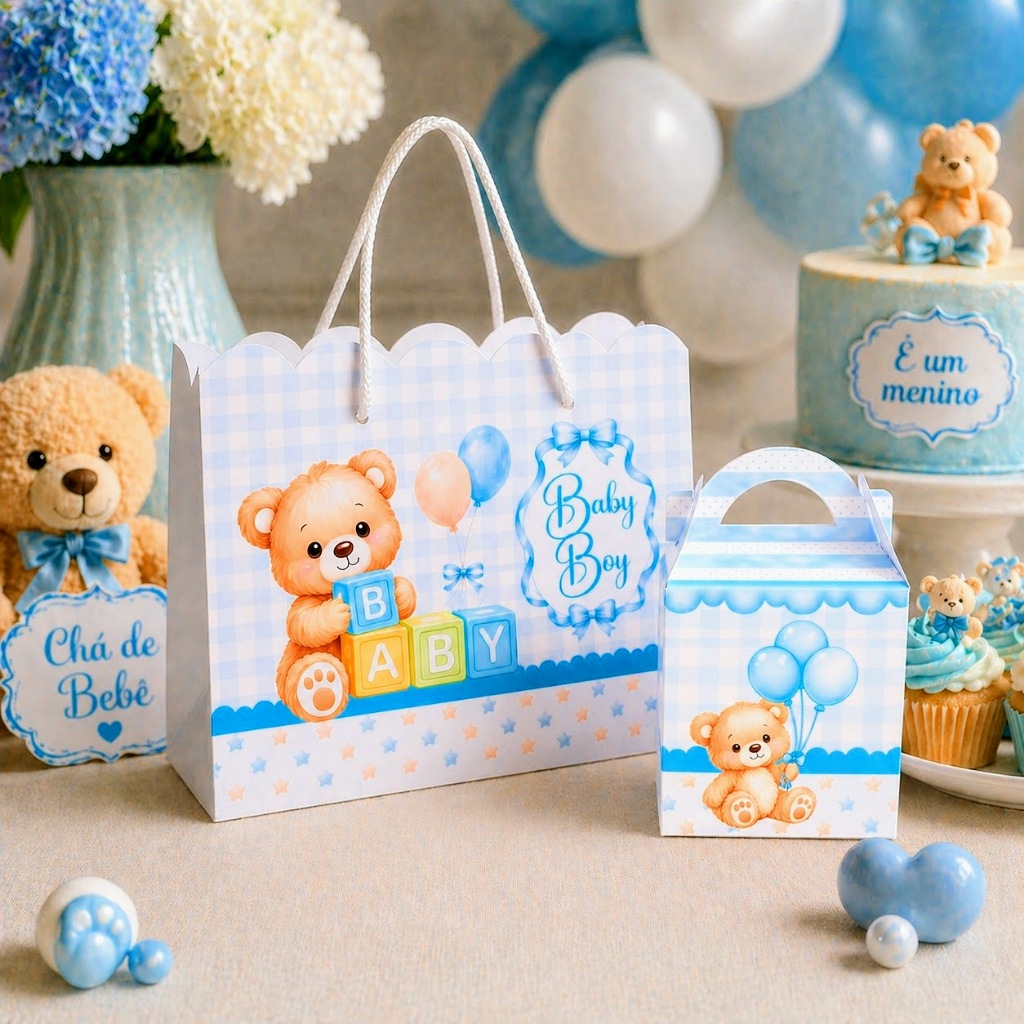 Kit de Sacolinha + Maletinha para chá de bebê / lembrancinha de maternidade - Ursinho Menino