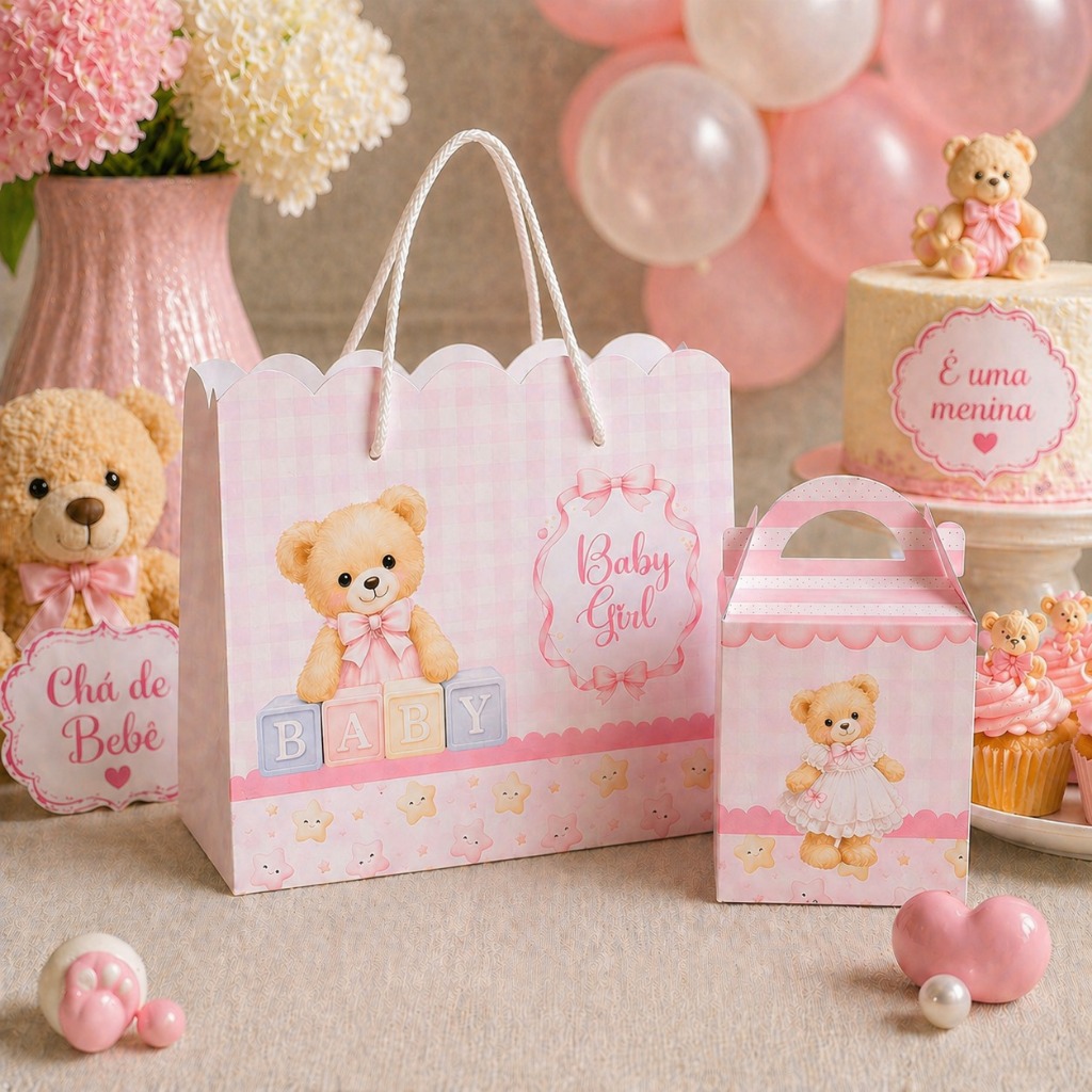 Kit de Sacolinha + Maletinha para chá de bebê / lembrancinha de maternidade - Ursinha Menina