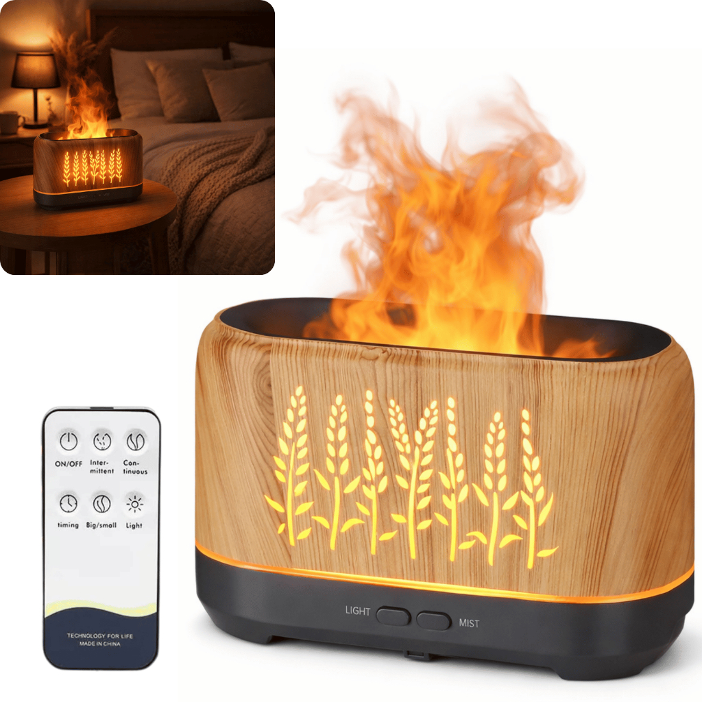 Umidificador Difusor Efeito Chamas LED USB Aromatizador Decorativo Luz Noturna Silencioso Quarto