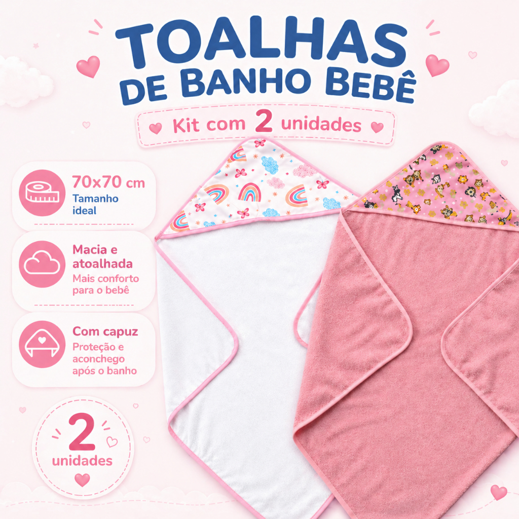 Kit 2 Toalha Bebê Capuz 70x70 Macia Atoalhada Alta Absorção Enxoval Promoção