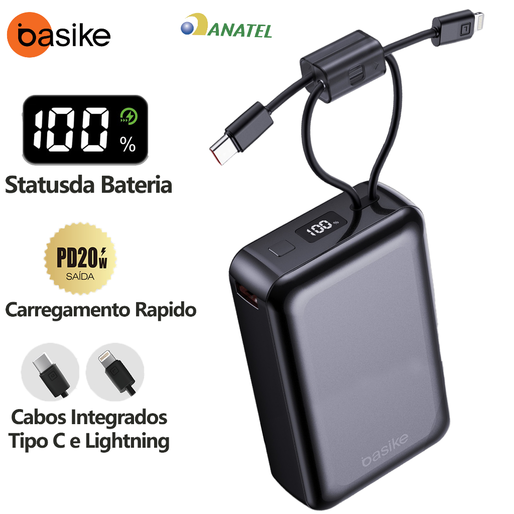 BASIKE Carregador Portátil 20000mAh Carregamento Rápido 20W Power Bank Cabos Integrados Tipo C e Lightning