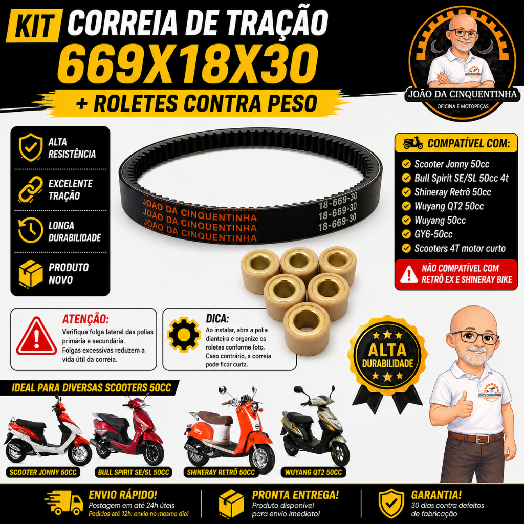 Correia Tração 669x18x30 + Roletes Contra Peso Shineray Retrô 50cc Scooter Jonny 50cc Bull Spirit
