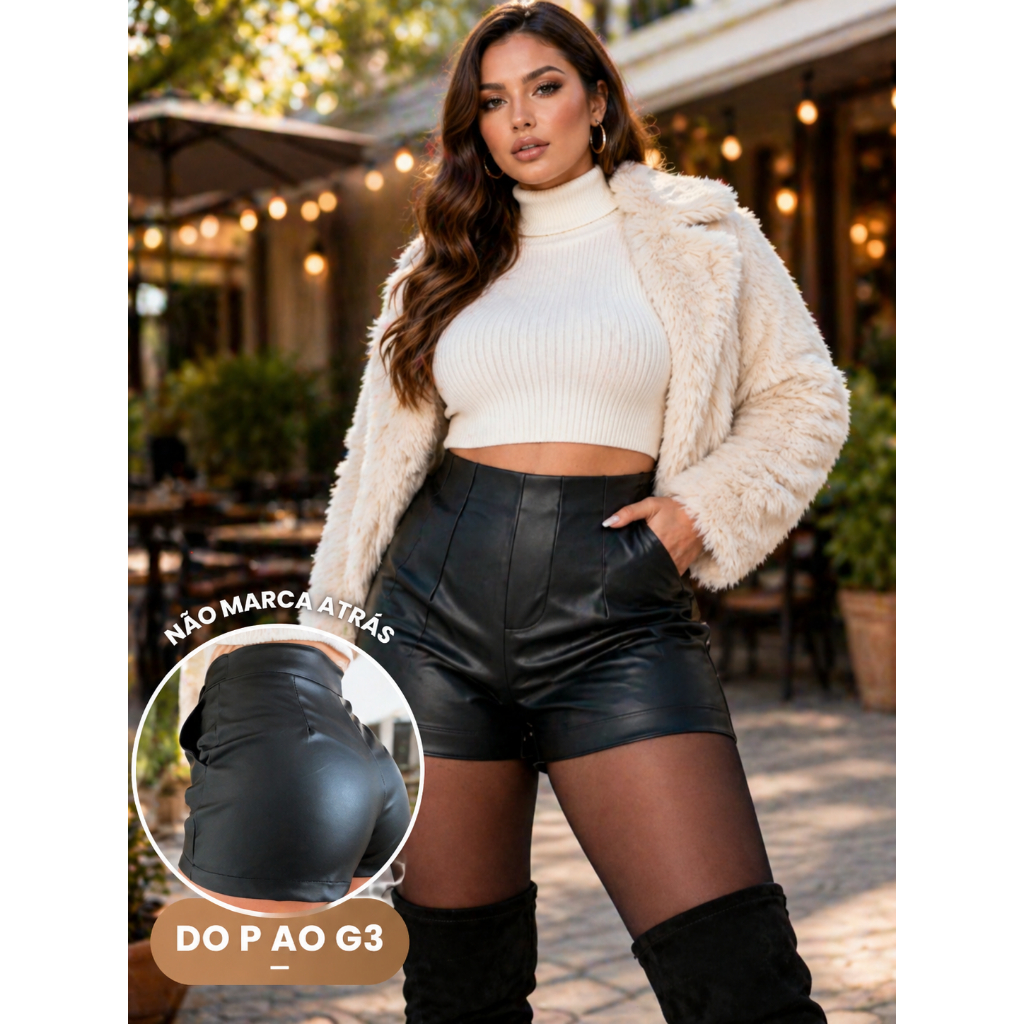 Shorts Feminino Courino Premium Cintura Alta Com Bolso Ziper Lateral P Ao G3 Plus Size Moda Até 54