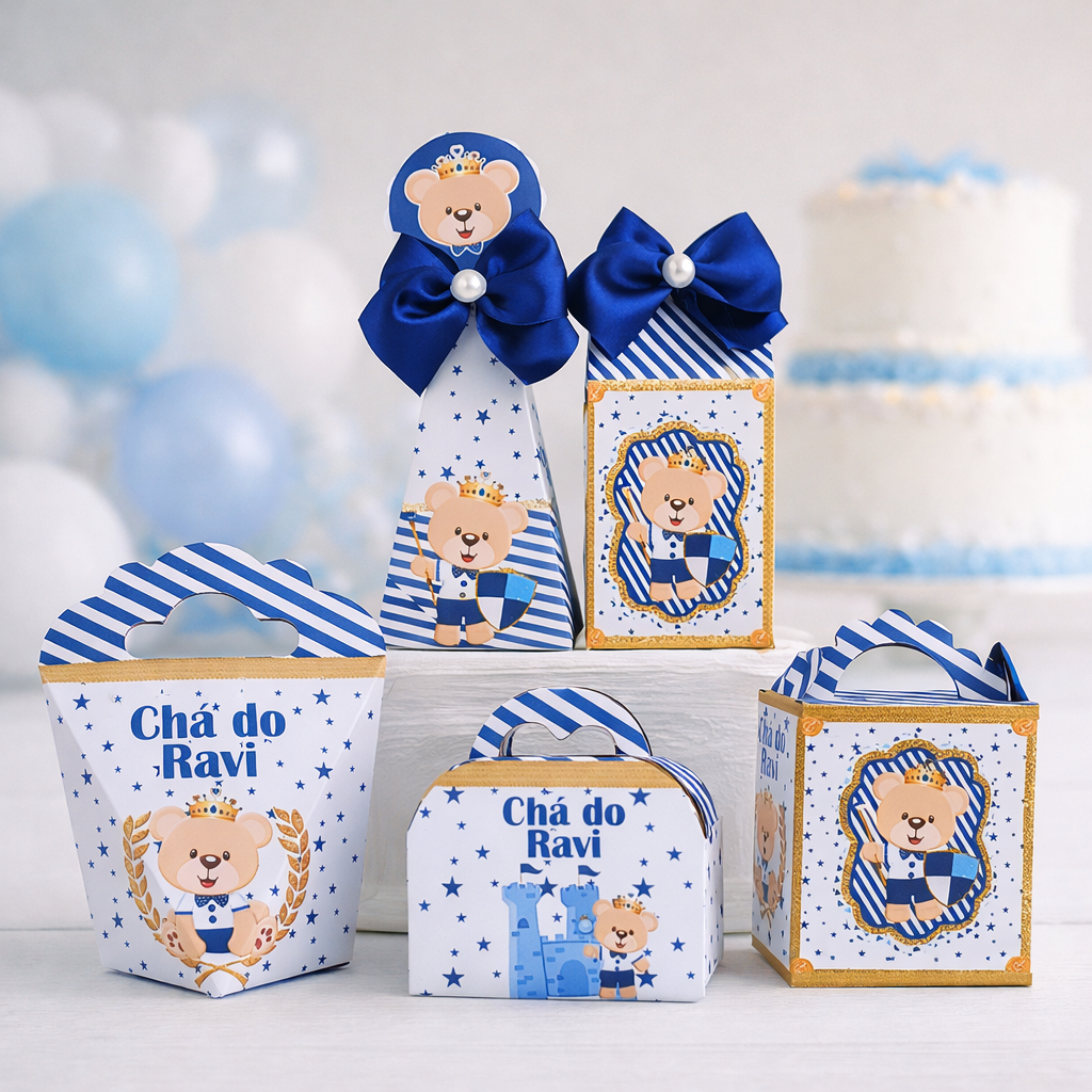 KIT FESTA Caixinhas Personalizado Ursinho  Príncipe Realeza Pegue e Monte Lembrancinha