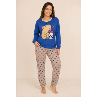 Pijama Feminino Longo Estampado Capivara Fofo Conjunto Inverno Confortável Manga Longa Ca…