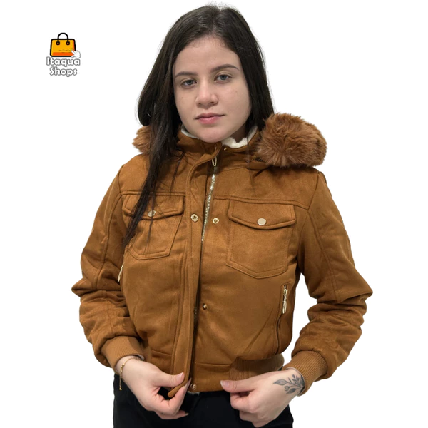 Casaco Jaqueta Feminina Forrada com Pelinhos Pelúcia Dupla Face Capuz Removível