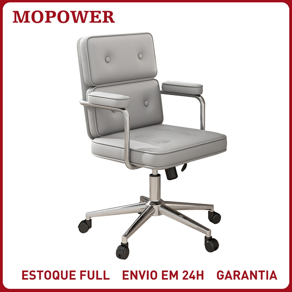 Cadeira de Escritório Giratória Ergonômica com Apoio Lombar — Couro Marrom, 360°, Altura Ajustável, Compacta