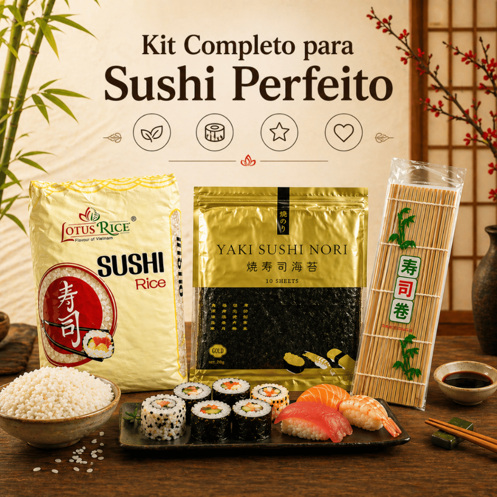 Kit Basico Sushi em Casa 3 itens - Arroz Grão Curto, Nori 10 Folhas, Estera Sudare