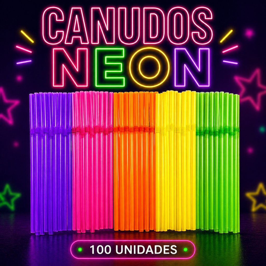 Canudos Neon Flexível Biodegradável 100 unidades - Cores Vibrantes