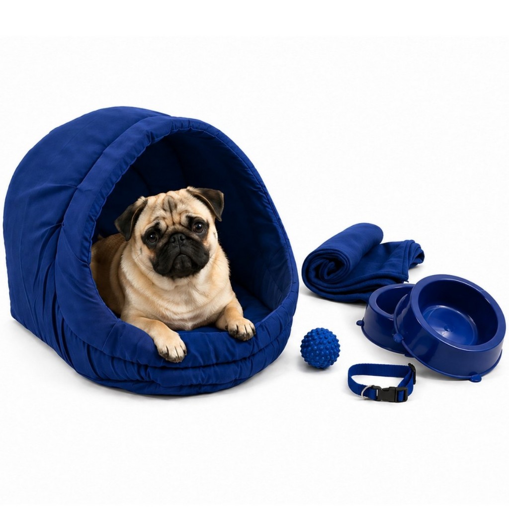 Kit Cama Toca Iglu Médio Pet Mantinha Comedouro Coleira Bolinha