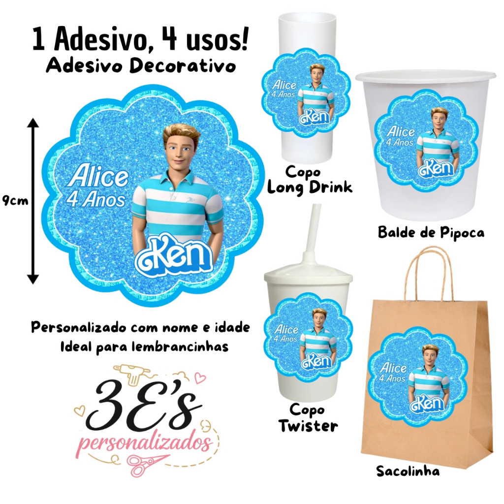 Ken da Barbie Adesivos Personalizados Sacolinhas Balde de Pipoca Copo Twister Copo Long Drink