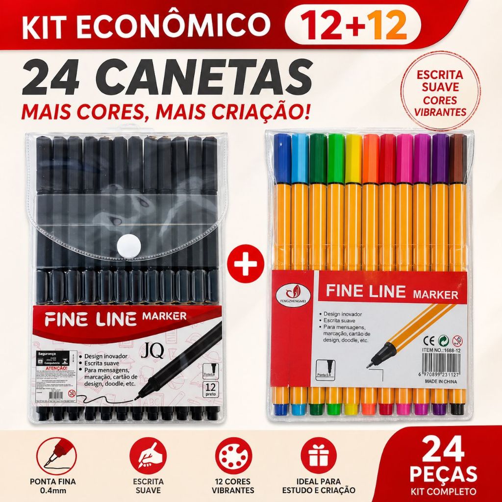 Kit Promoção 48 Canetas Fine Line Coloridas + 12 Pretas Alta Qualidade Ponta Fina 0.4mm