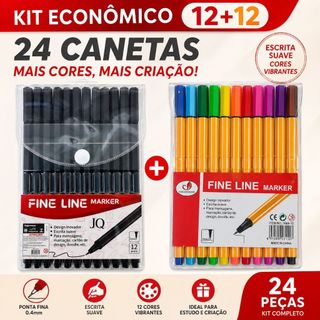 Kit Canetas Fine Line Coloridas 12/24/36/48 Cores  + 12 Pretas Ponta Fina 0.4mm Desenho e…