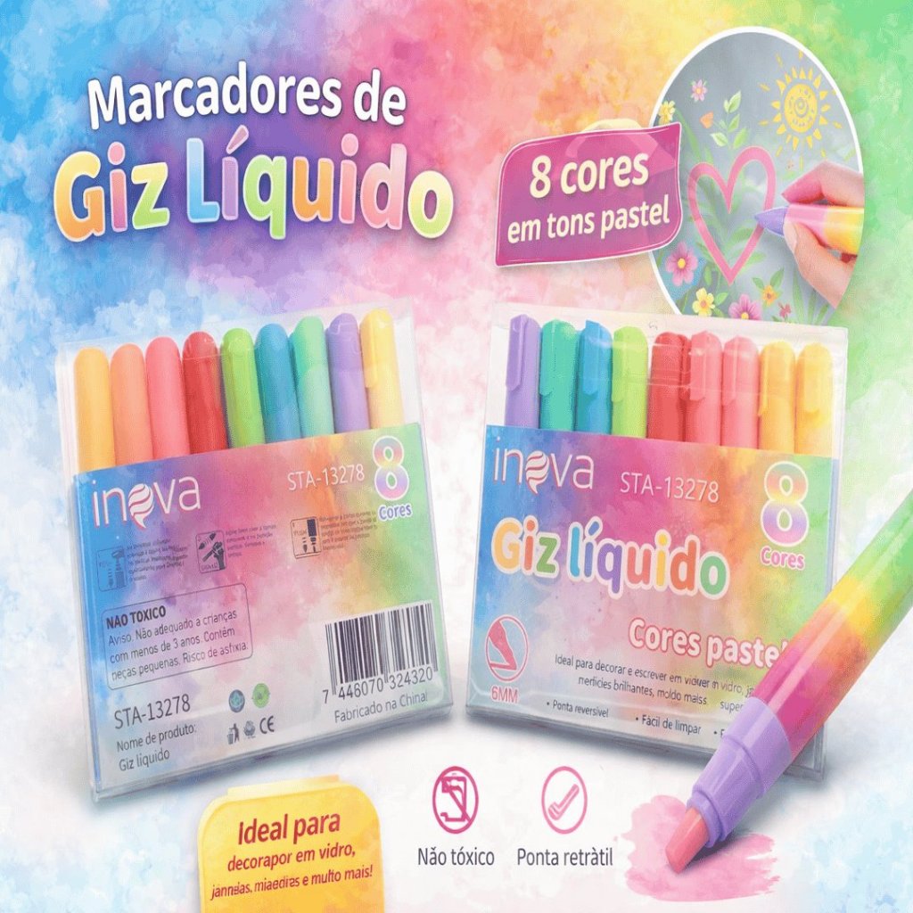 Giz Líquido 8 Cores Pastel 6mm Ponta Reversível Para Vidro Lousa Espelho Papelaria Criativa