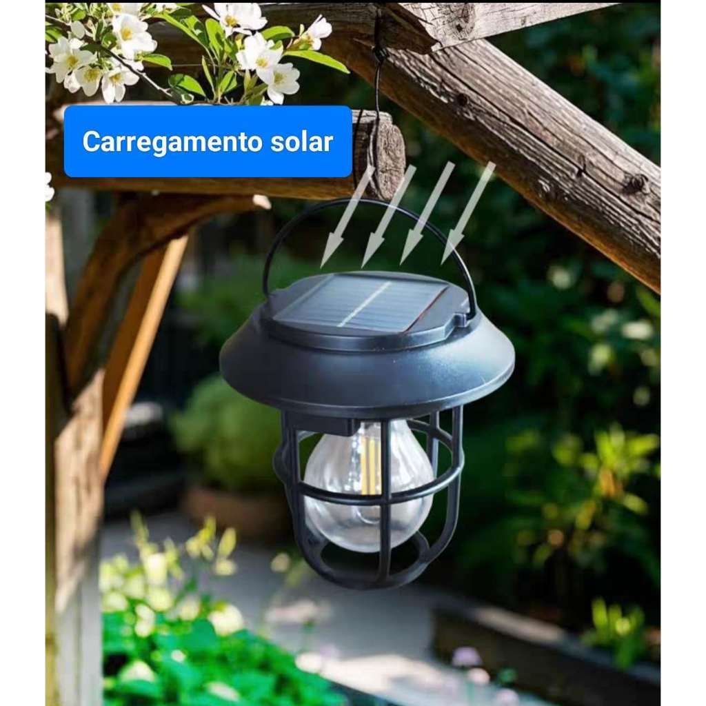 Lâmpada Lampião Recarregável de Solar Portátil com Gancho, Luminária ao Ar Livre-2094