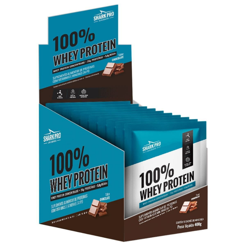 100% Whey Protein Sache Shark Pro 40g C/10 Sachês - Sabor Chocolate