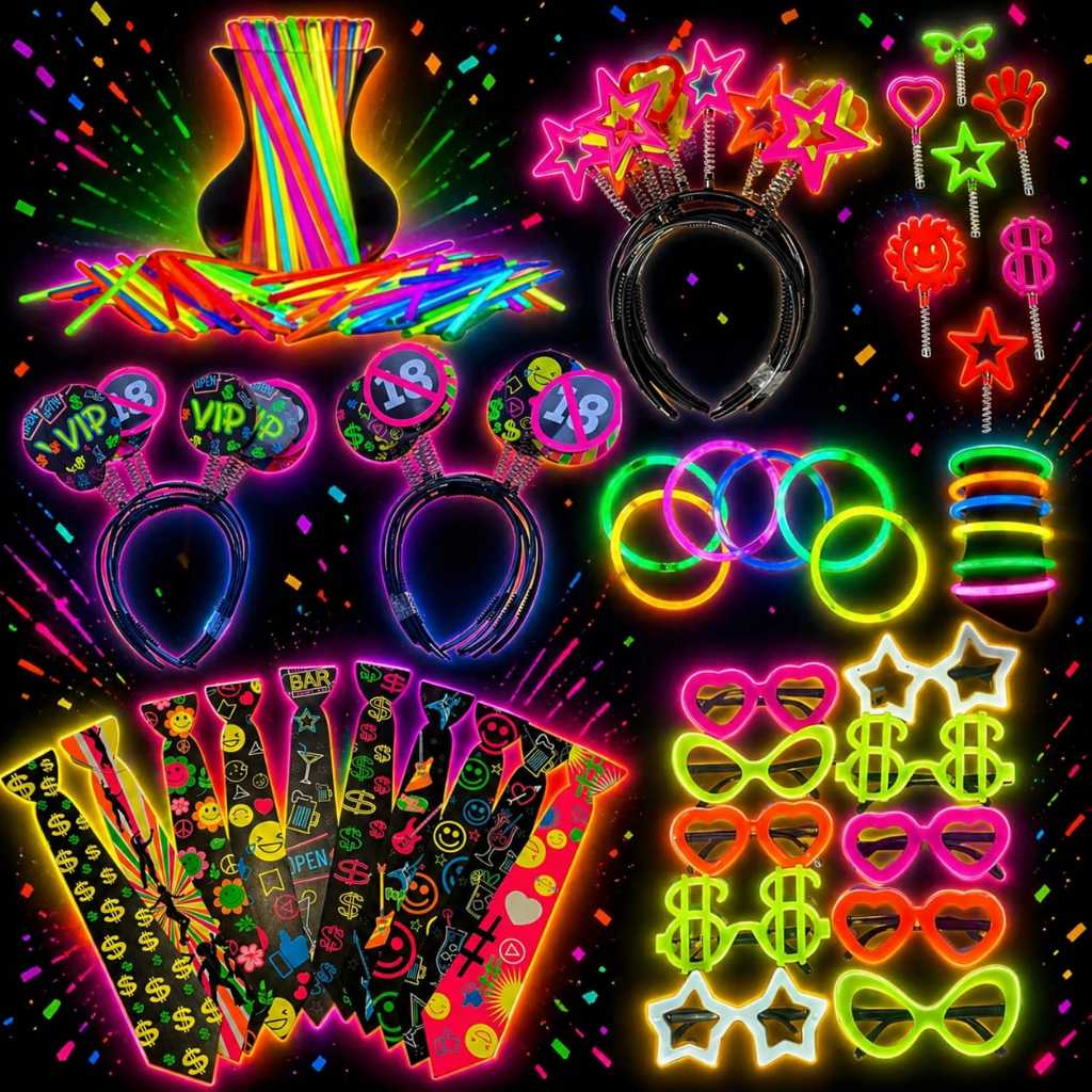 Kit Festa 140 peças Balada Neon Pulseira Gravata Oculos colorido Tiara Neon