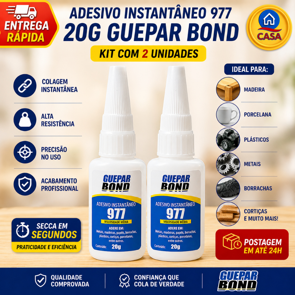 Kit 2x Cola Instantânea Guepar Bond 977 20g – Adesivo Super Forte Secagem Rápida Multiuso