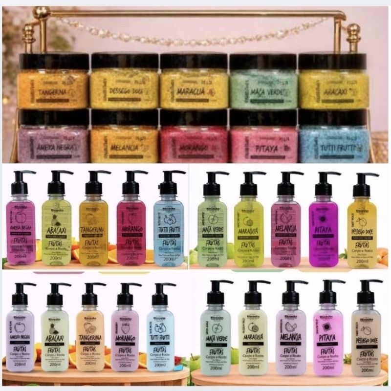 kit com 10 esfoliante, 10 sabonete líquidos, 10 hidratante corporal