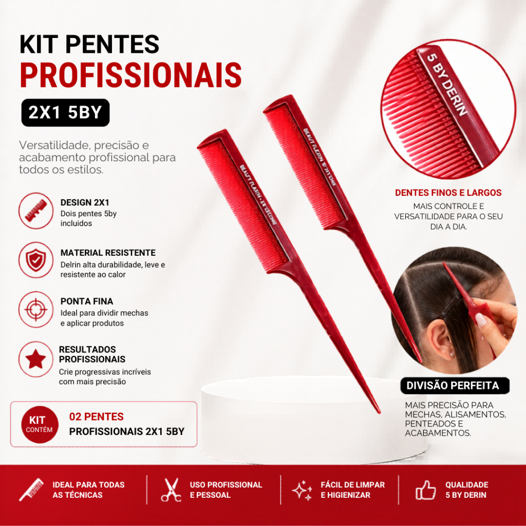 Kit 2 Pentes 5BY Profissionais 2x1 Com Cabo Separador De Mechas Ideal Para Salão E Uso Em Química