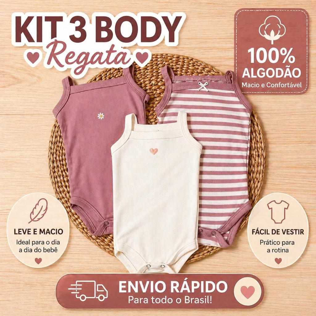 kit com 3 regatas alcinha coração bebê menina menino renda algodão sem manga