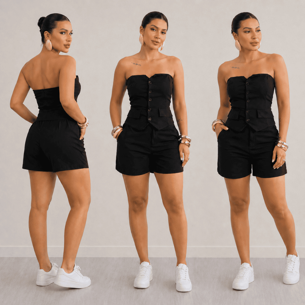 Conjunto Feminino Top Tomara Que Caia com Shorts Alfaiataria