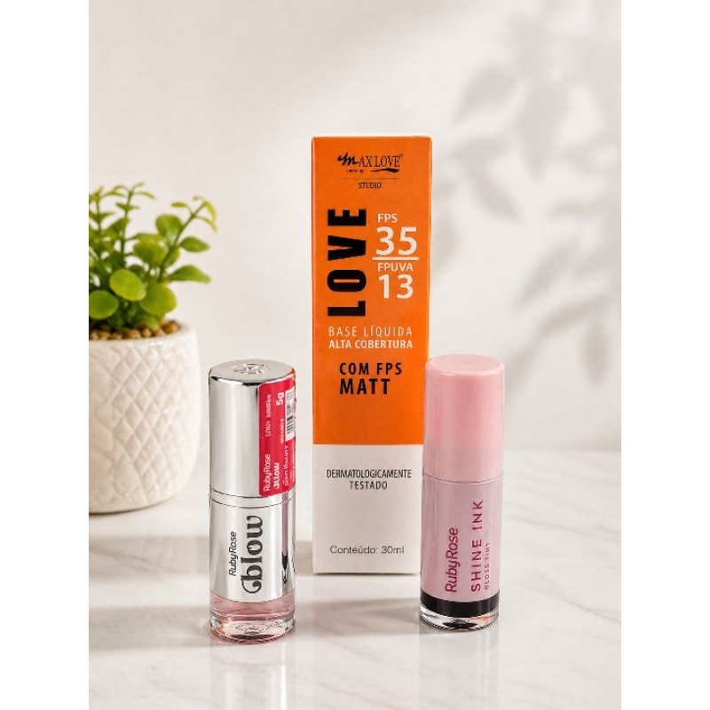 Kit Gloss tint + Lip oil glow, RUBY ROSE + Base liquida love com fps MATTE