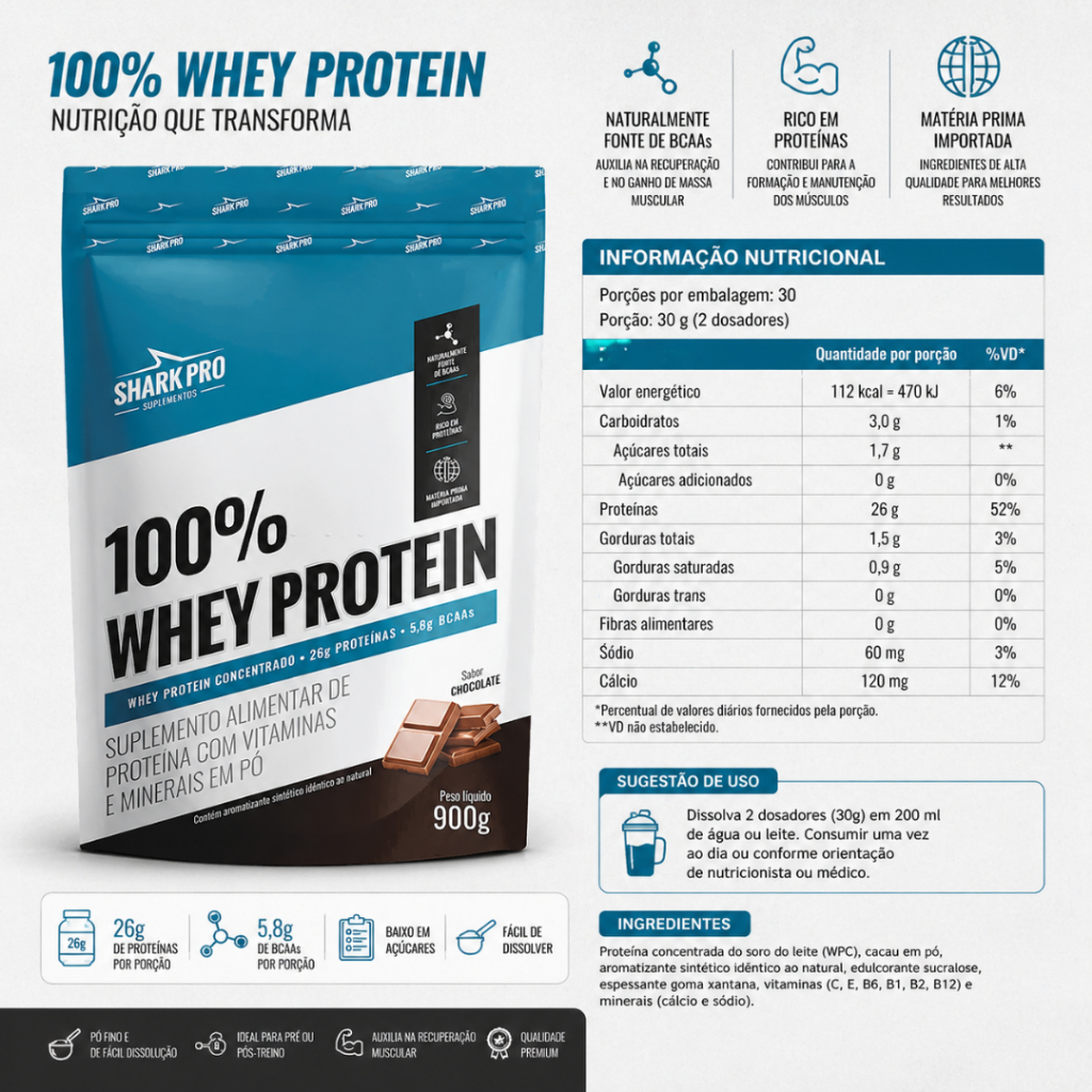 Whey Protein 100% - 900g Refil Chocolate — imagem 2 de 2