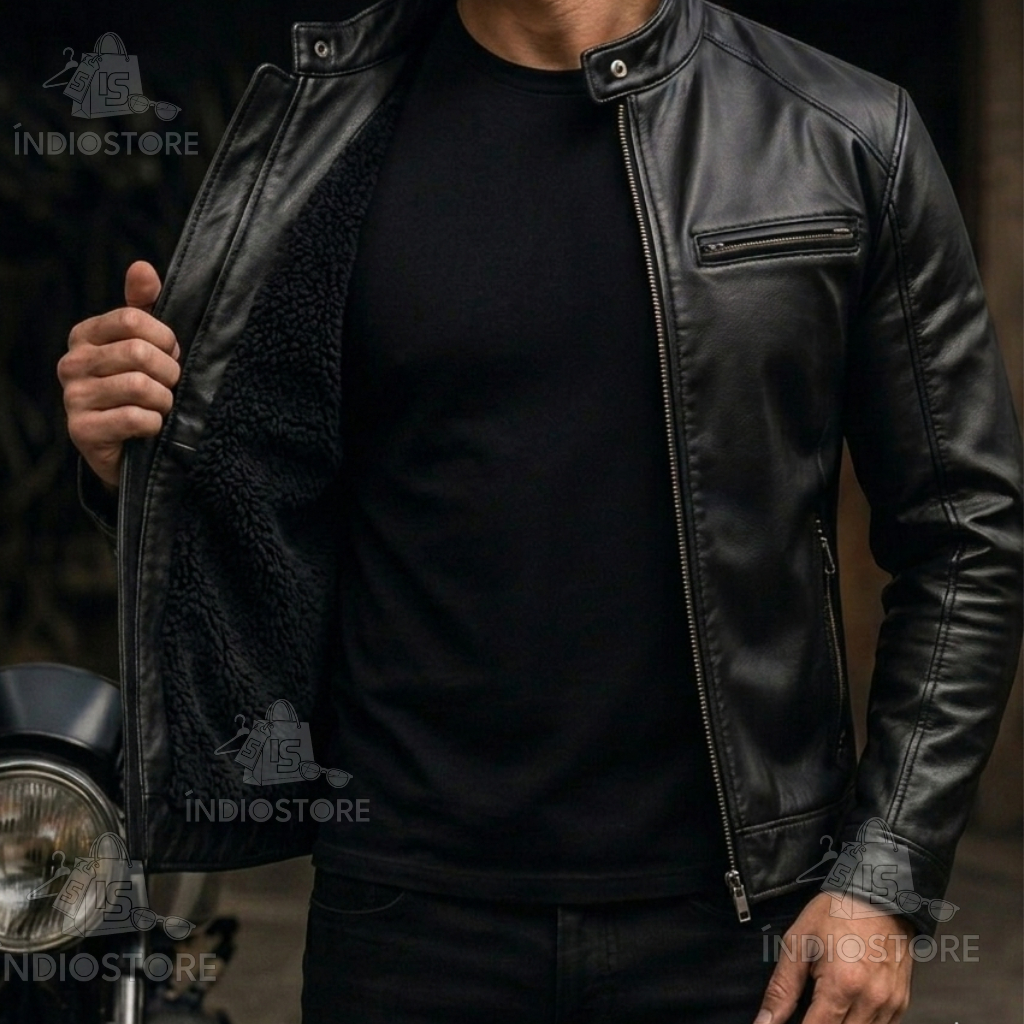 Jaqueta Masculina Couro Sintético Motoqueiro Forrada Capuz Removivel