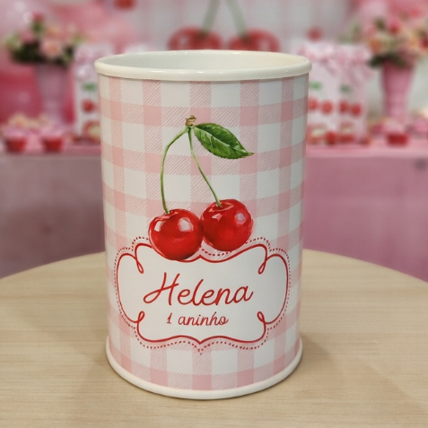 Cofrinho Personalizado Cerejinha Aquarela Festa Infantil | Lembrancinha Personalizada Pegue e Monte mimo