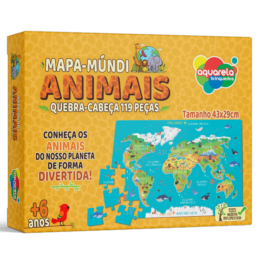 Mapa-Múndi Animais Quebra-Cabeça em Madeira 119 Peças Aquarela Brinquedos