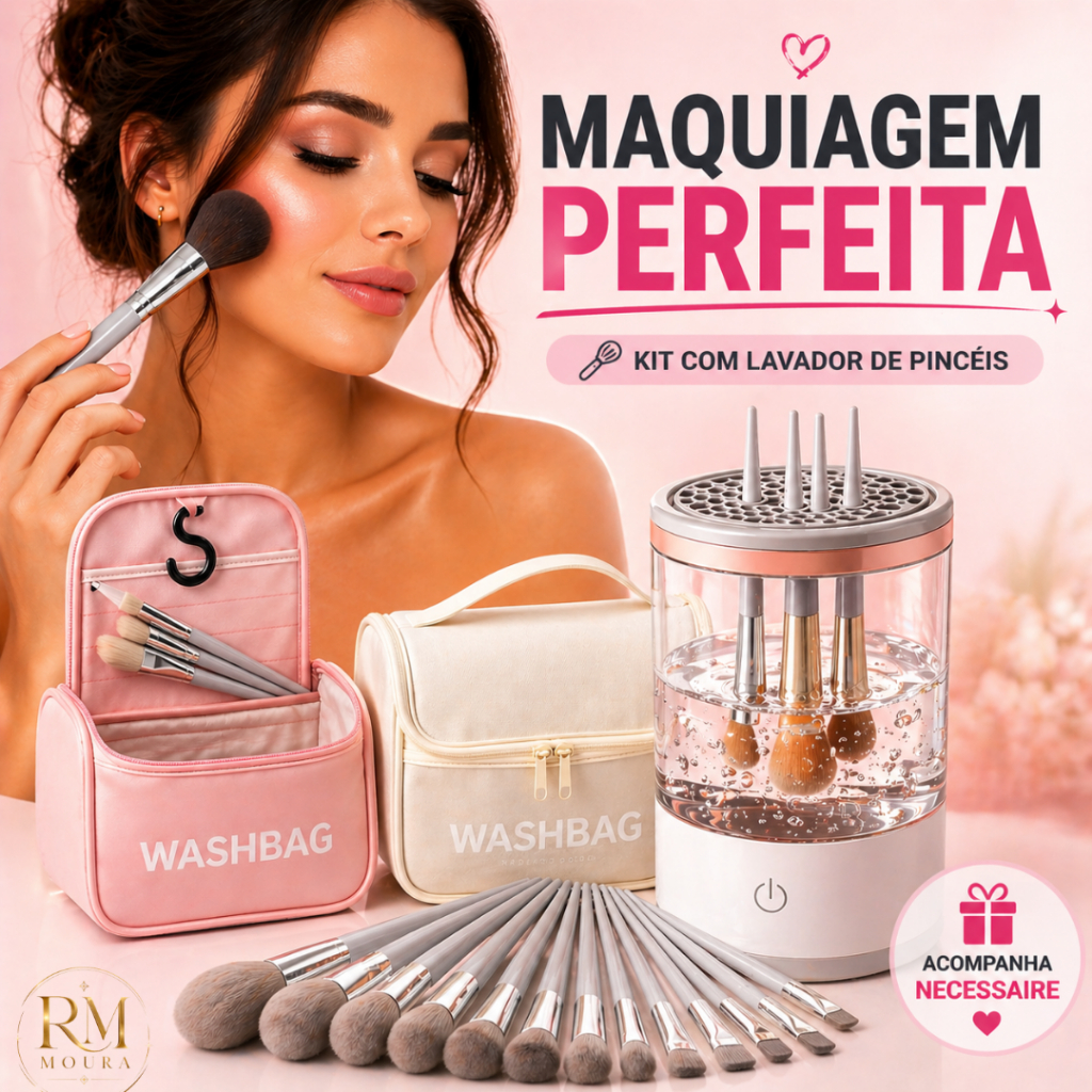 Kit completo 13 Peças Pincéis de Maquiagem + Lavador elétrico + Necessaire