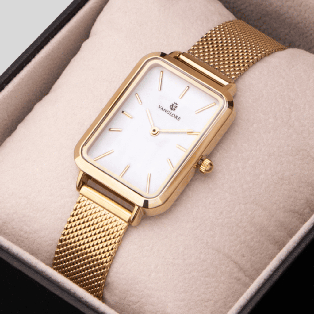 Relógio Feminino Dourado Quadrado Slim Branco Pulseira Mesh Aço Inox Vanglore Lunna